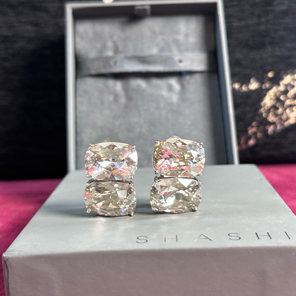 SHASHI Ricky Diamond Stud in Silver large stud dangle clip on earrings - Picture 5 of 8